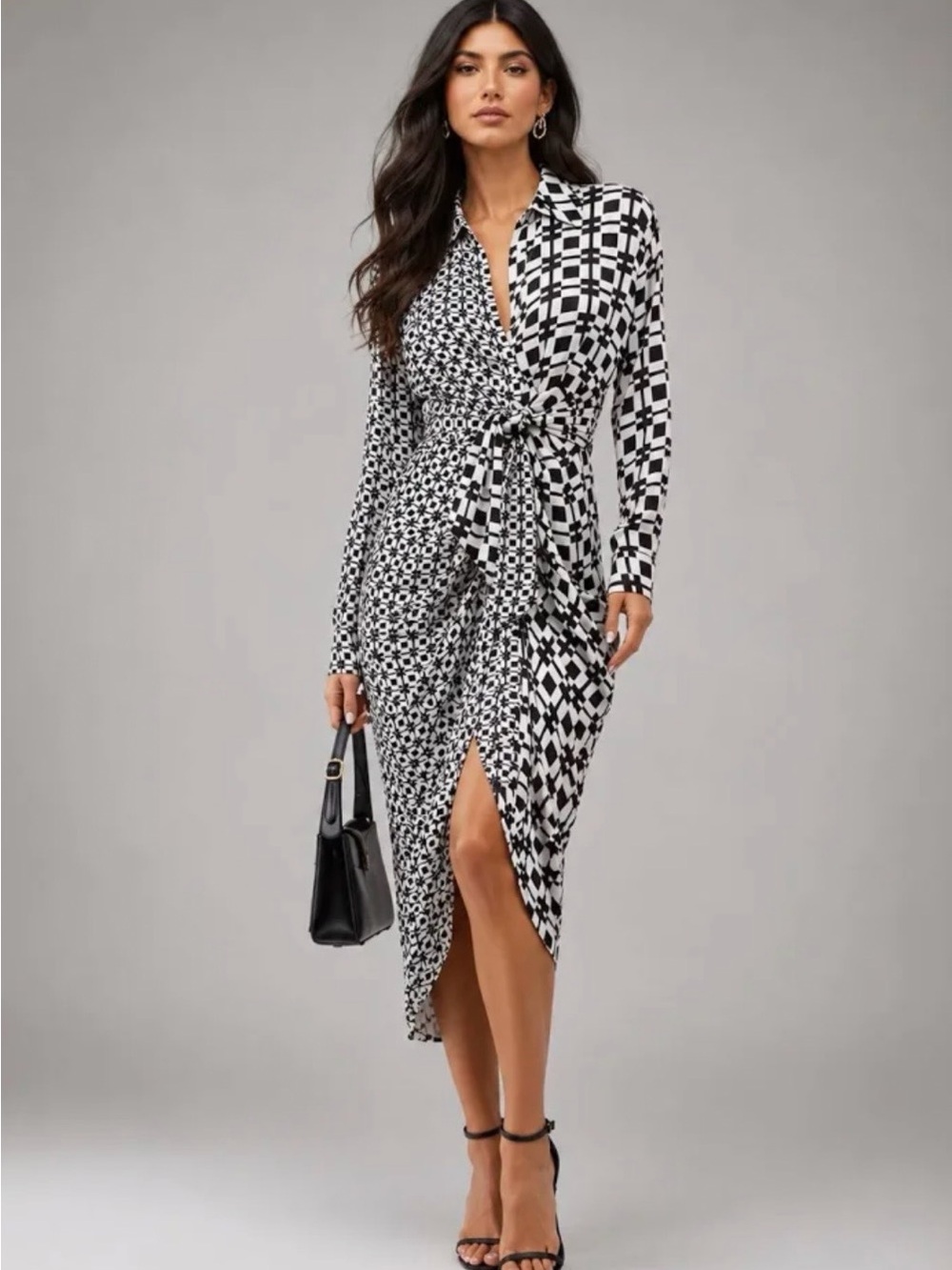 Steve Madden Black & White Mixed-Print Wrap Midi Dress